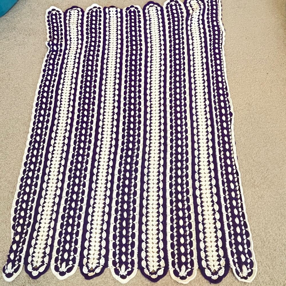 Vintage Crochet Afghan Blanket Striped Purple White